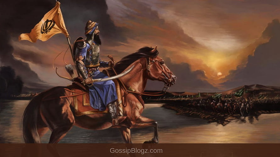 Baba Deep Singh on Horseback with Turban and Flag in Dramatic Historical Painting HD wallpaper