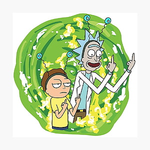 Rick and Morty Cartoon Illustration with Green Portal Background HD phone wallpaper