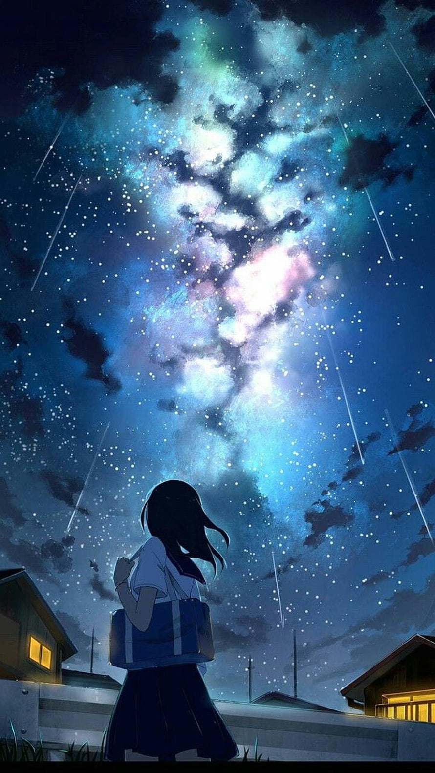 Anime Girl Gazing at the Milky Way and Shooting Stars in a Serene Night Sky HD phone wallpaper