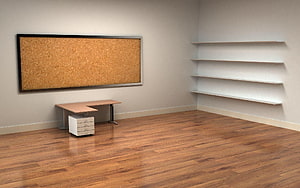 Minimalist Office Interior With Cork Board, Desk, and Floating Shelves on Hardwood Floor HD wallpaper