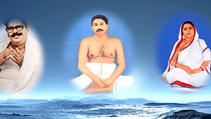 Sri Sri Thakur Anukulchandra Spiritual Portrait with Devotees and Ocean Landscape HD wallpaper