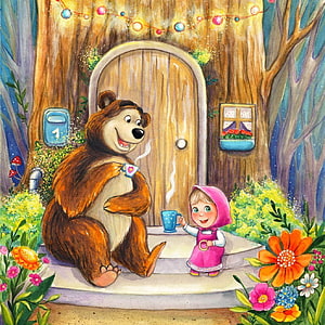 Masha and the Bear Sharing Tea at the Forest Cottage Door HD phone wallpaper
