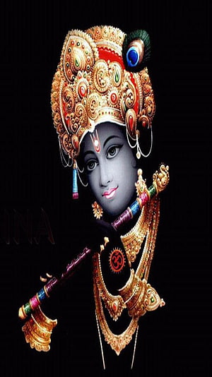 Lord Krishna Portrait with Ornate Crown and Flute on Black Background HD phone wallpaper