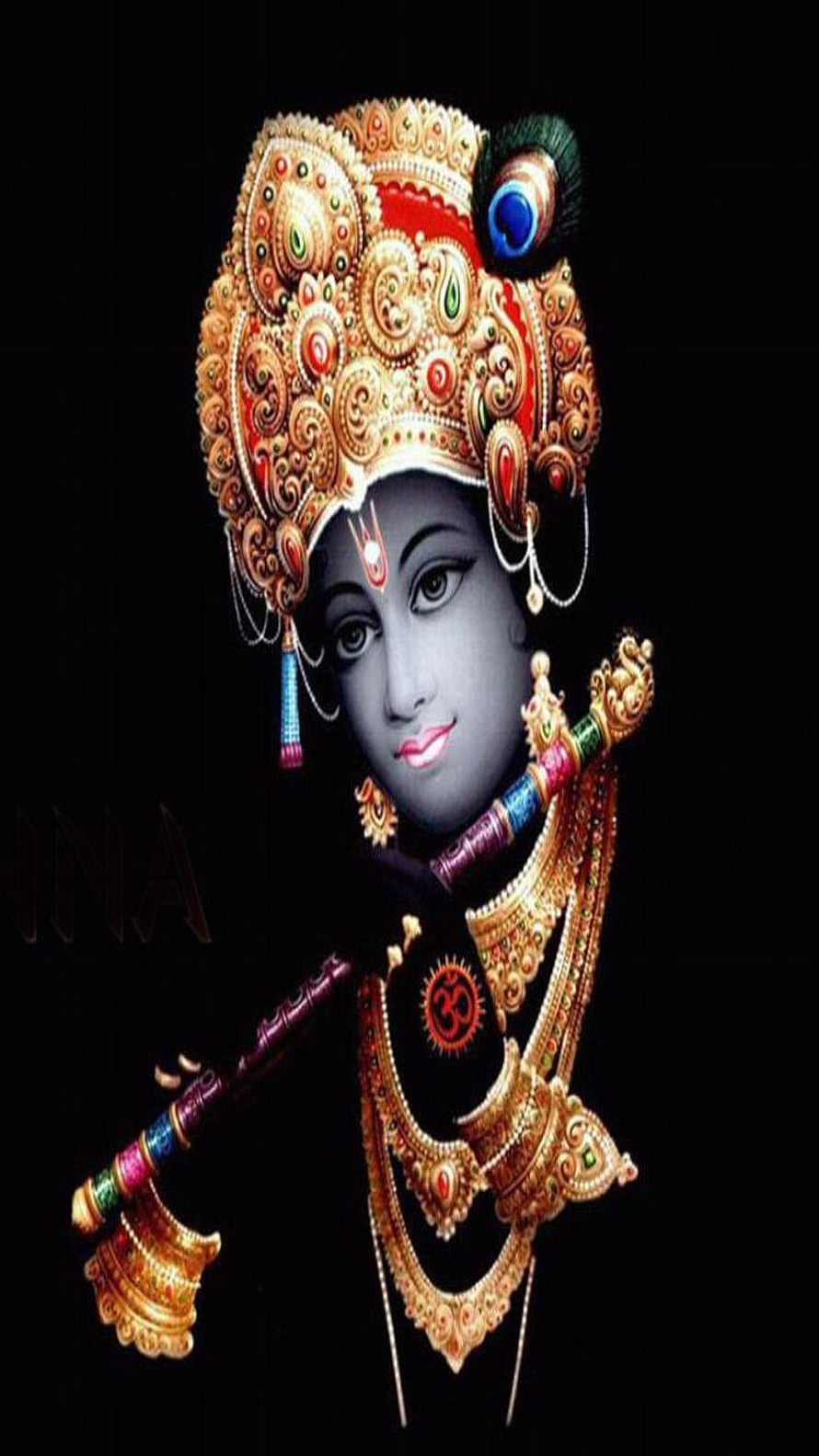 Lord Krishna Portrait with Ornate Crown and Flute on Black Background HD phone wallpaper