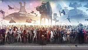Star Wars Legends Group Portrait Featuring Jedi, Sith, Droids, and Imperial War Machines HD wallpaper