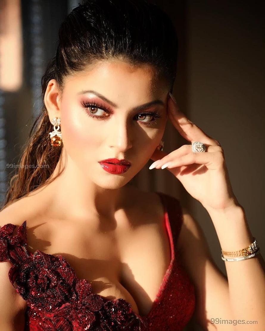 Urvashi Rautela in a Deep Red Sequined Gown with Dramatic Makeup and Jewelry HD phone wallpaper