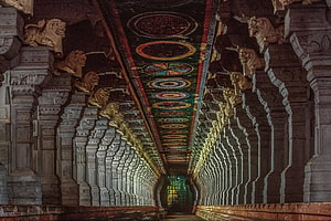 Rameshwaram Temple Corridor with Intricate Pillars and Painted Ceiling HD wallpaper