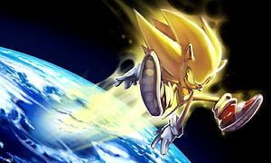 Super Sonic Flying Over Earth in Golden Aura HD wallpaper