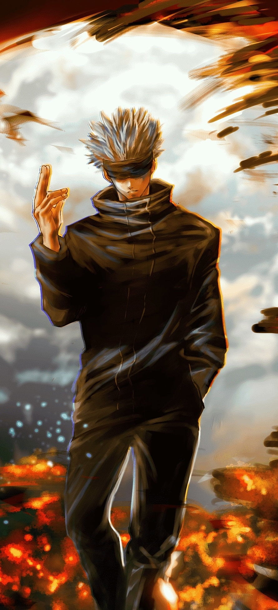 Gojo Satoru from Jujutsu Kaisen in a dramatic dark uniform with a blindfold and fiery background HD phone wallpaper