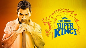 Chennai Super Kings Cricket Team Logo and Captain Portrait on Yellow Background HD wallpaper