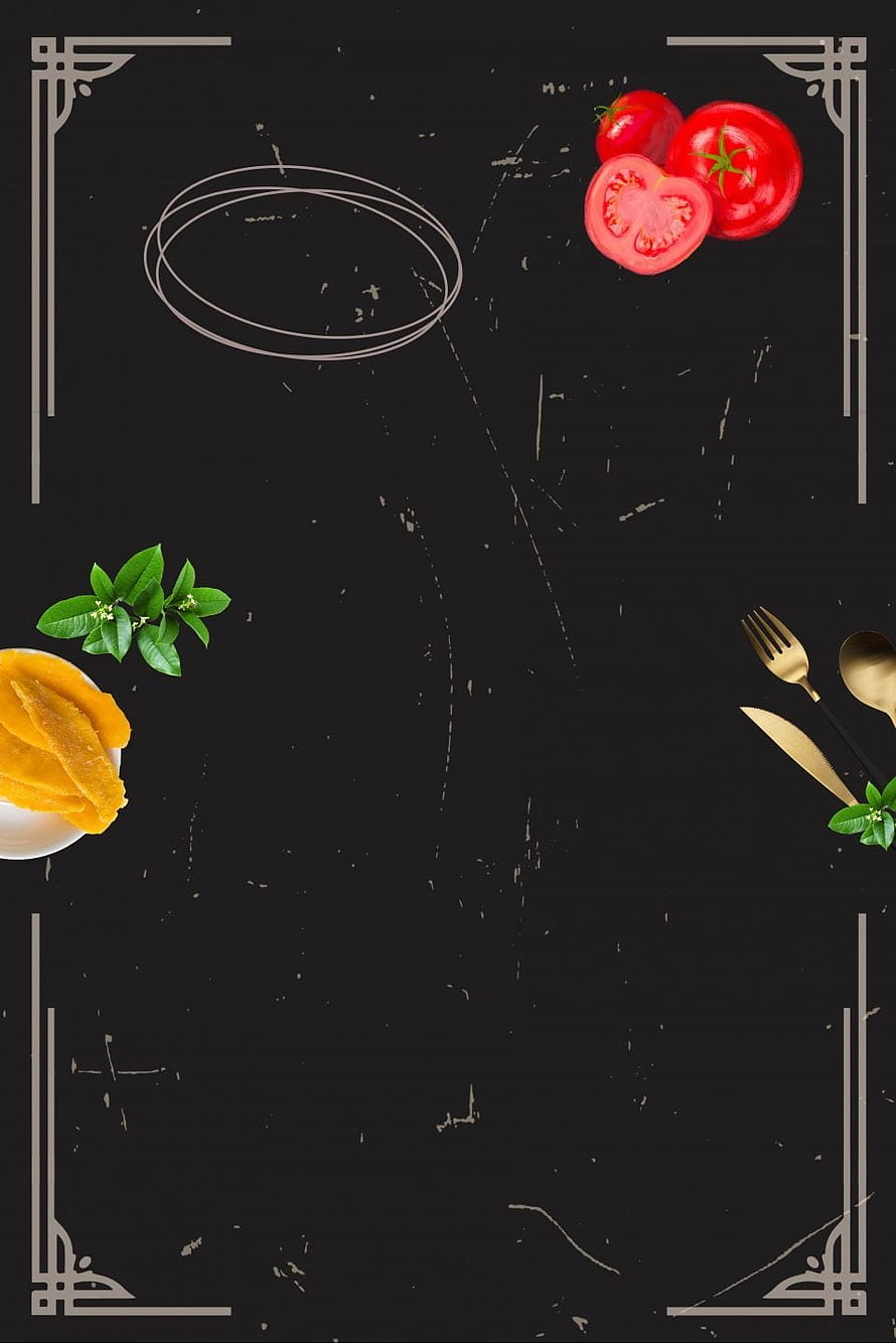 Elegant Black Restaurant Menu Template with Fresh Tomatoes and Gold Cutlery HD phone wallpaper