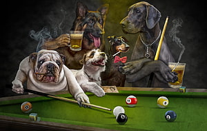 Anthropomorphic Dogs Playing Pool With Beer And Cigarettes In A Dark Club HD wallpaper