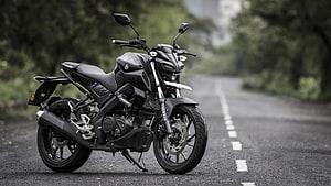 Yamaha MT-15 V2 Matte Black Streetfighter Motorcycle Parked on a Scenic Forest Road HD wallpaper