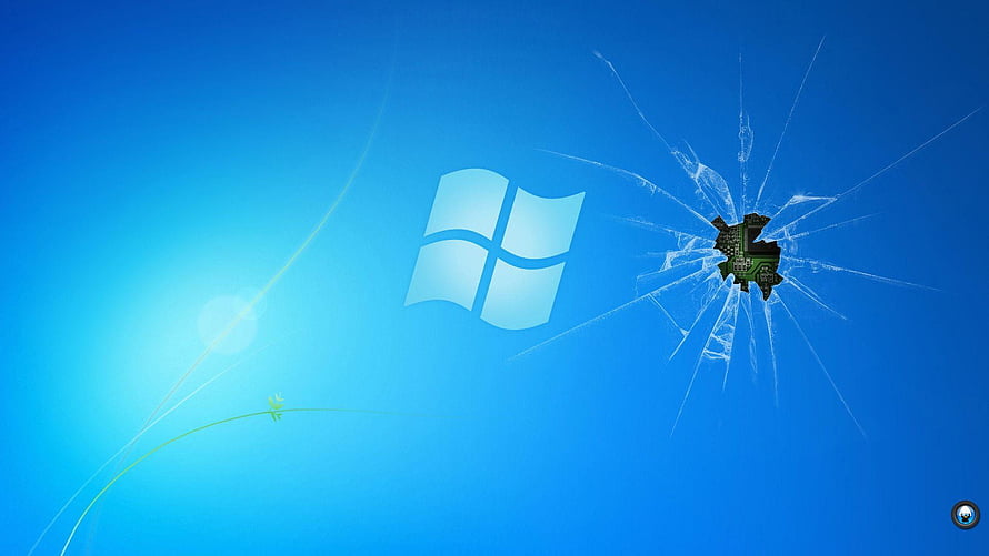 Windows 10 Cracked Screen Concept with Circuit Board Impact and Blue Gradient Background HD wallpaper