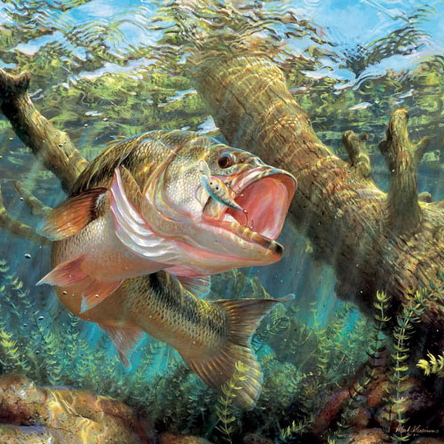 Realistic Oil Painting of a Largemouth Bass Striking a Lure Near a Submerged Log HD phone wallpaper