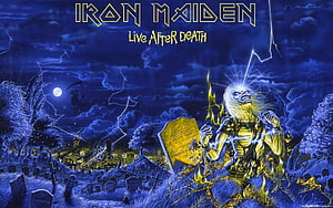 Iron Maiden Live After Death Album Artwork with Eddie in a Stormy Graveyard HD wallpaper