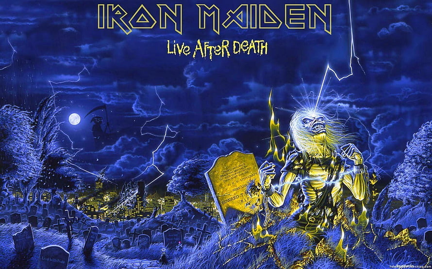Iron Maiden Live After Death Album Artwork with Eddie in a Stormy Graveyard HD wallpaper