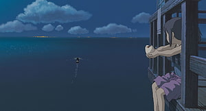 Spirited Away Night Scene: Girl on Balcony Watching Sea with Studio Ghibli Animation HD wallpaper