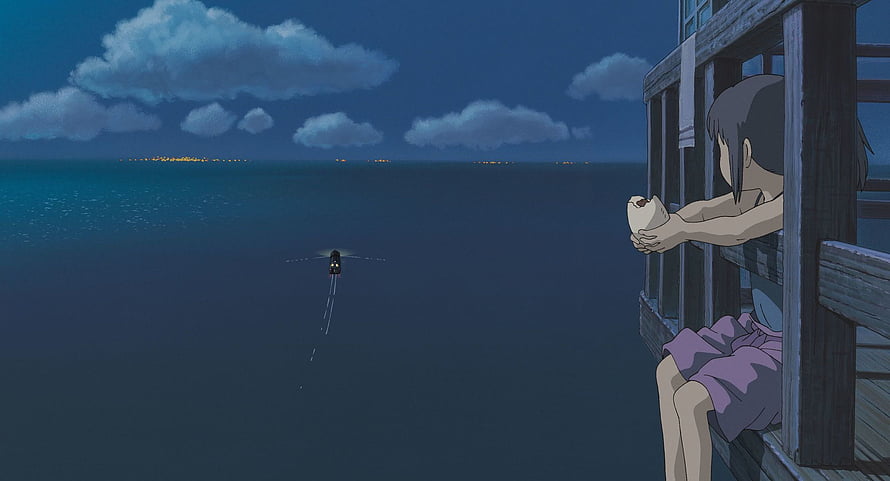 Spirited Away Night Scene: Girl on Balcony Watching Sea with Studio Ghibli Animation HD wallpaper