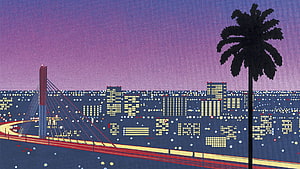 Hiroshi Nagai Stylized Cityscape with Cable-Stayed Bridge and Palm Tree at Dusk HD wallpaper