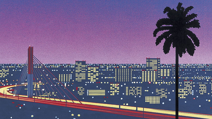 Hiroshi Nagai Stylized Cityscape with Cable-Stayed Bridge and Palm Tree at Dusk HD wallpaper