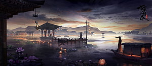 The Untamed Ancient Chinese Water Town at Dusk with Lotus Lanterns and Traditional Architecture HD wallpaper