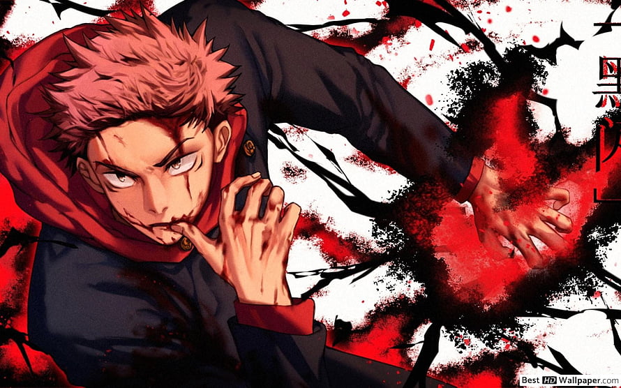 Itadori Yuji from Jujutsu Kaisen in a dynamic action pose with red and black ink splatter effects HD wallpaper