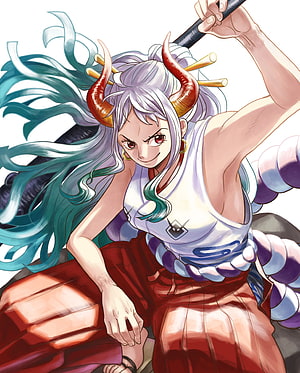 Yamato from One Piece wielding a massive blade with flowing teal hair and red horns HD phone wallpaper