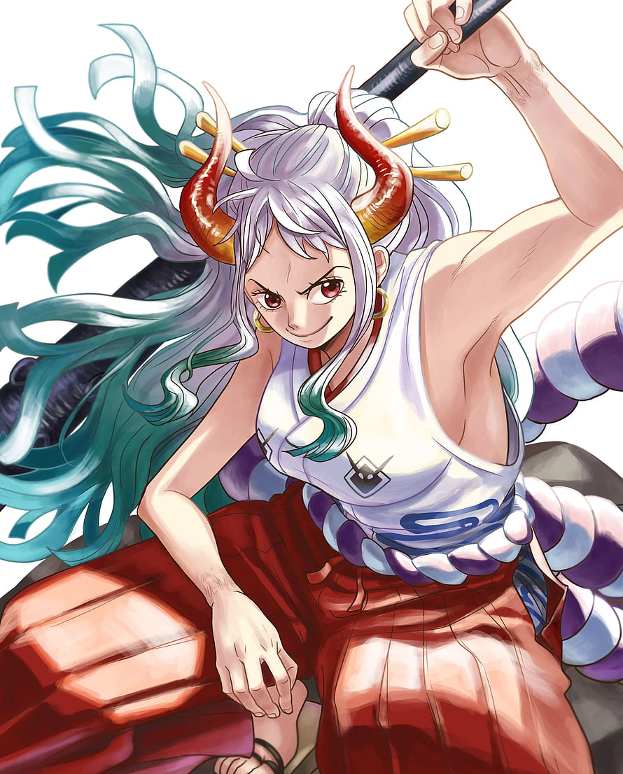 Yamato from One Piece wielding a massive blade with flowing teal hair and red horns HD phone wallpaper