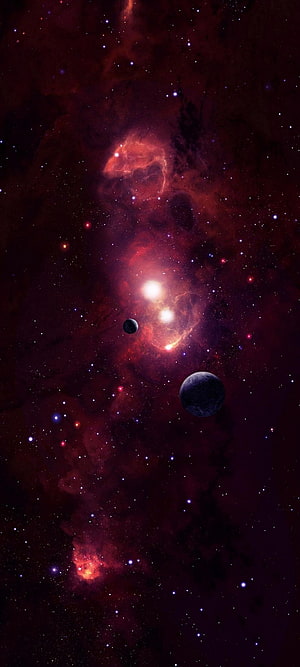 Crimson Nebula and Distant Planets in Deep Space HD phone wallpaper
