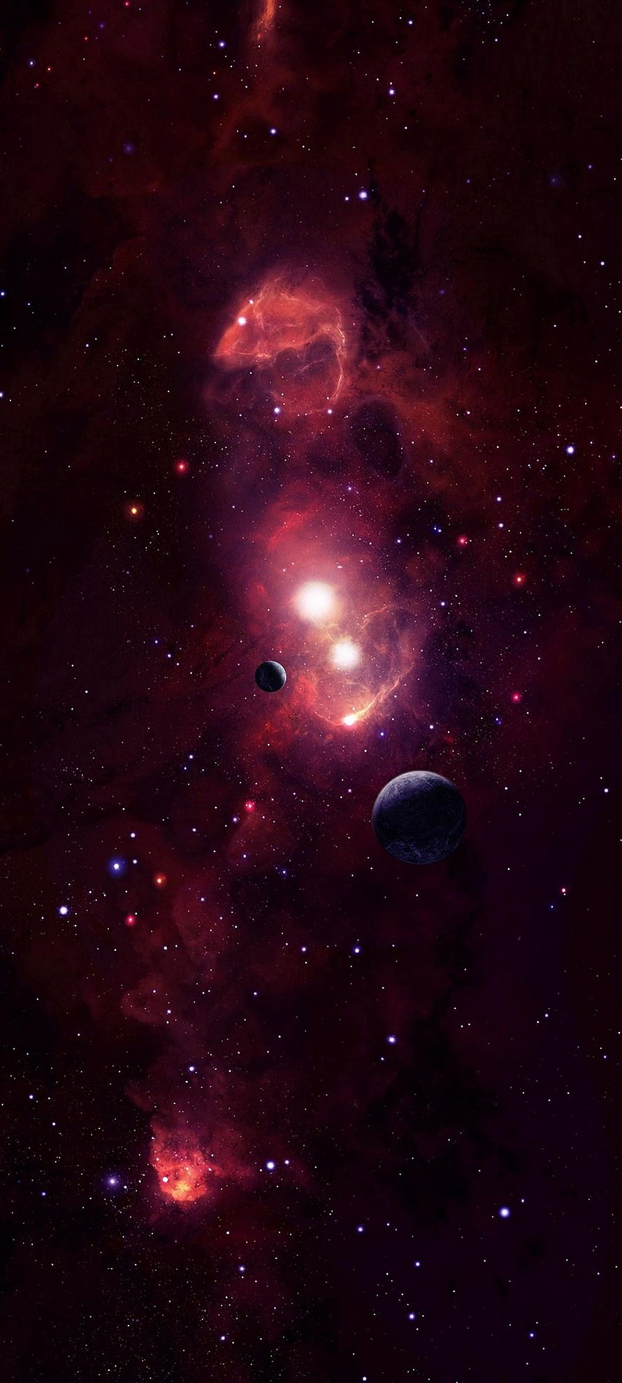 Crimson Nebula and Distant Planets in Deep Space HD phone wallpaper