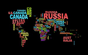 Multicolored World Map Typography Art on Black Background HD wallpaper