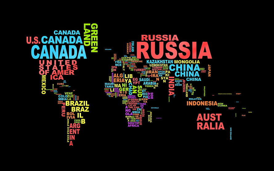 Multicolored World Map Typography Art on Black Background HD wallpaper