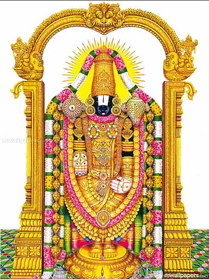 Lord Perumal ornate golden deity illustration with floral garlands and traditional arch HD phone wallpaper