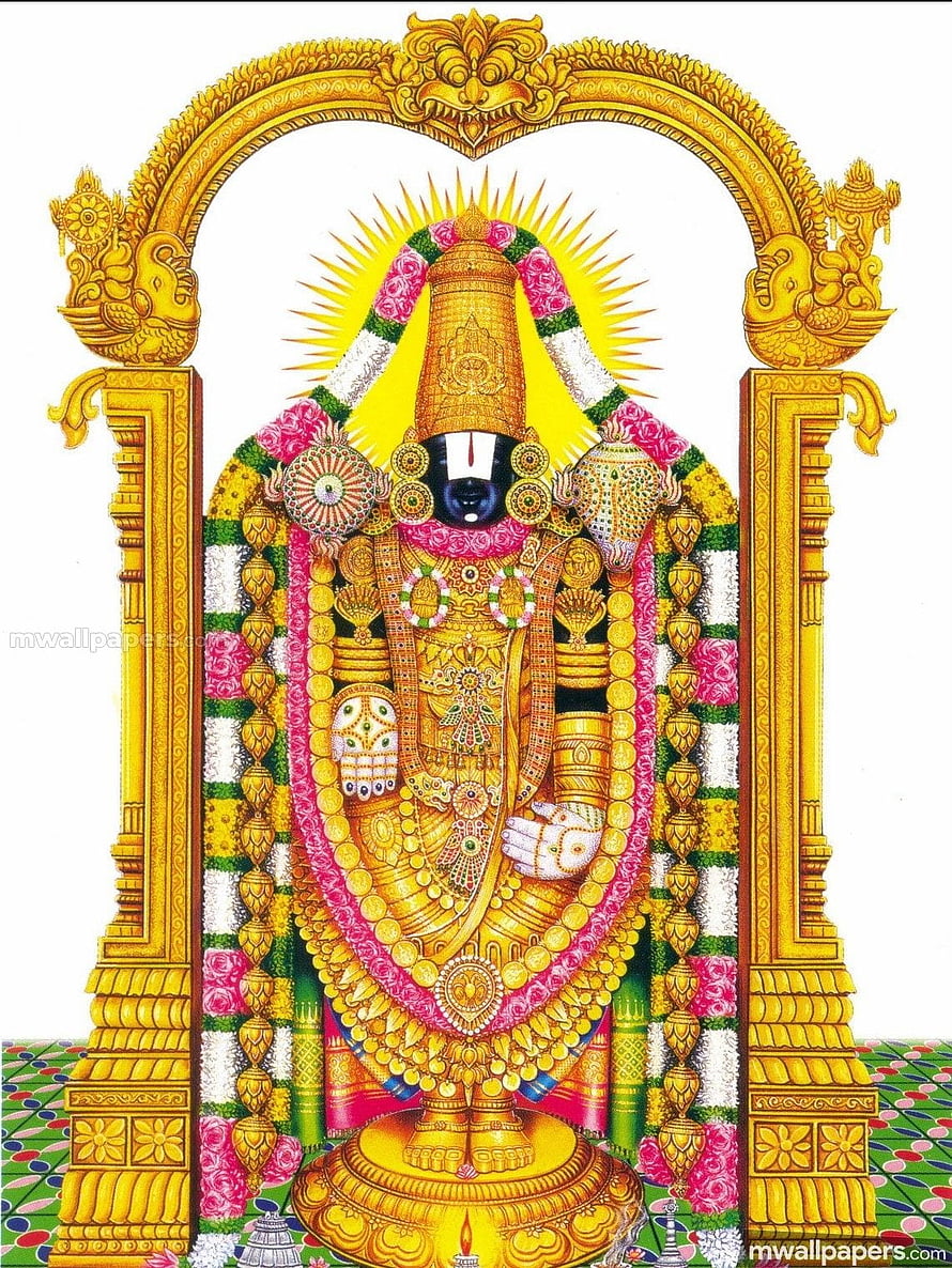 Lord Perumal ornate golden deity illustration with floral garlands and traditional arch HD phone wallpaper