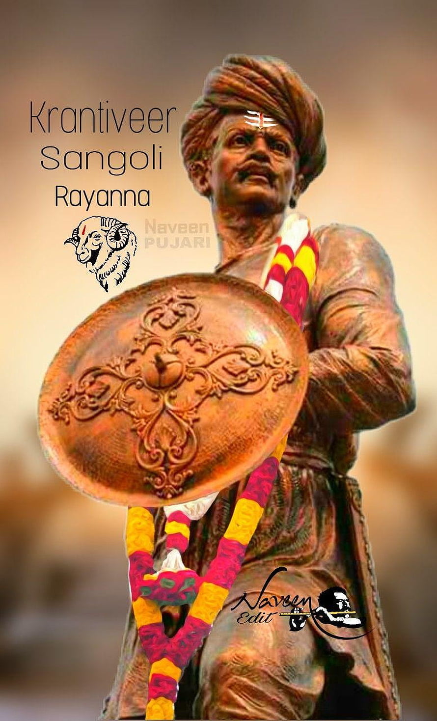 Sangolli Rayanna Statue Holding Ornate Shield With Traditional Marathi Turban HD phone wallpaper