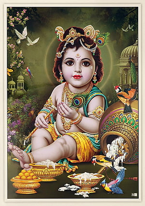 Baby Krishna with Butter Pots and Peacock Feather in a Lush Garden HD phone wallpaper