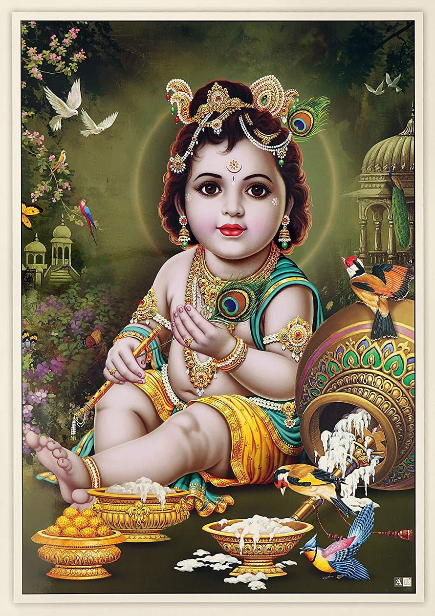 Baby Krishna with Butter Pots and Peacock Feather in a Lush Garden HD phone wallpaper