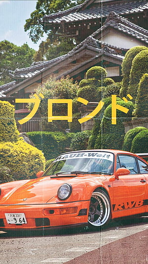 Orange RWB Porsche 964 with RAUH-Welt Banner Parked Before Traditional Japanese Temple HD phone wallpaper