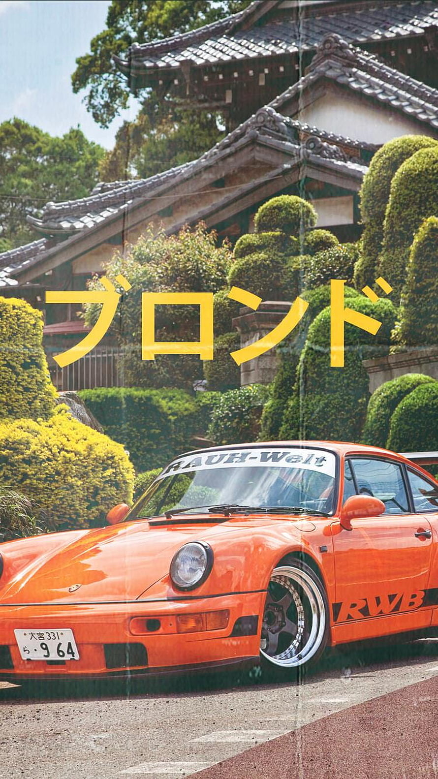 Orange RWB Porsche 964 with RAUH-Welt Banner Parked Before Traditional Japanese Temple HD phone wallpaper
