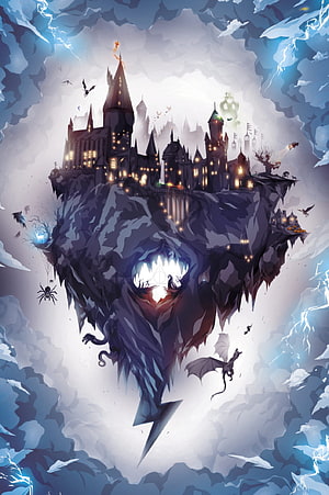 Hogwarts Castle Floating in Stormy Clouds with Lightning and Dragons HD phone wallpaper