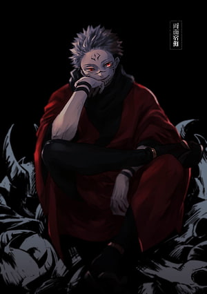Sukuna from Jujutsu Kaisen Sitting in Dark Red Robe with Glowing Red Eyes HD phone wallpaper