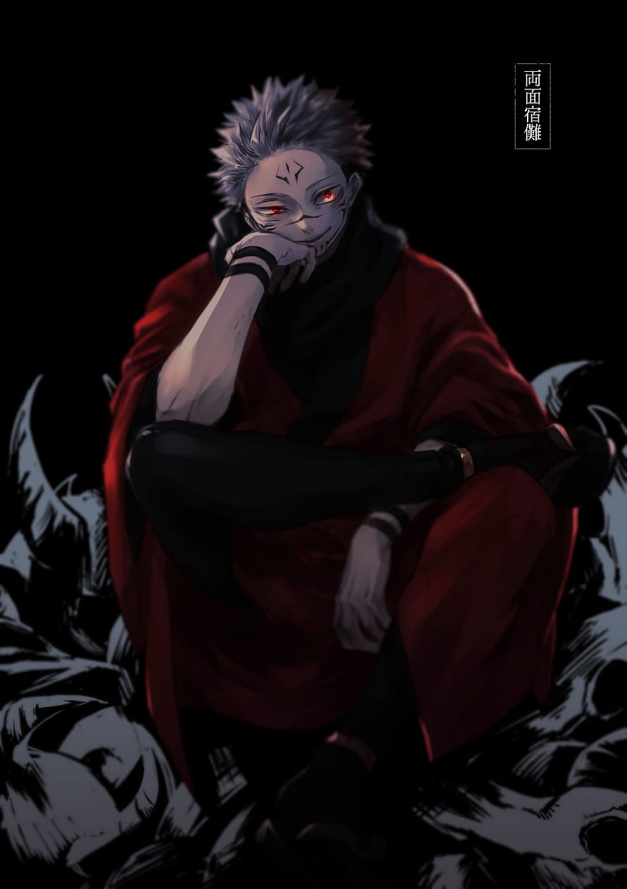 Sukuna from Jujutsu Kaisen Sitting in Dark Red Robe with Glowing Red Eyes HD phone wallpaper