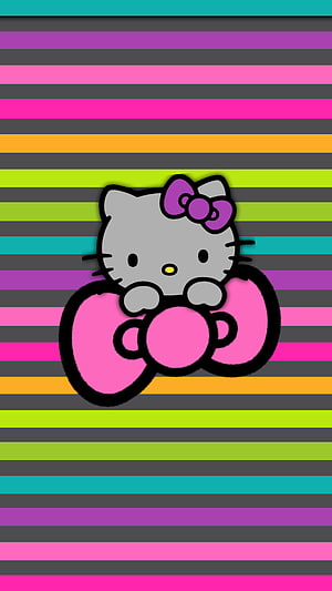 Hello Kitty with Pink Bow on Colorful Striped Background HD phone wallpaper