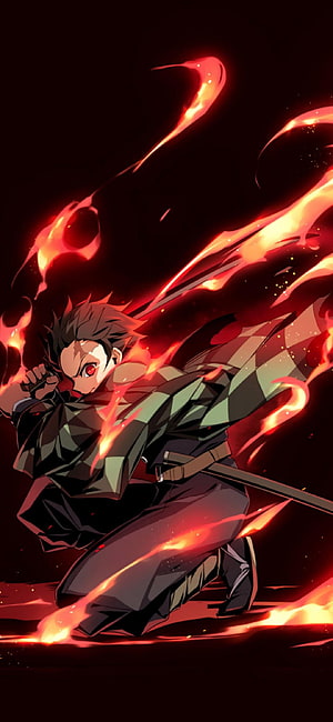 Demon Slayer Tanjiro Kamado Fire Breathing Combat Pose Anime Illustration HD phone wallpaper