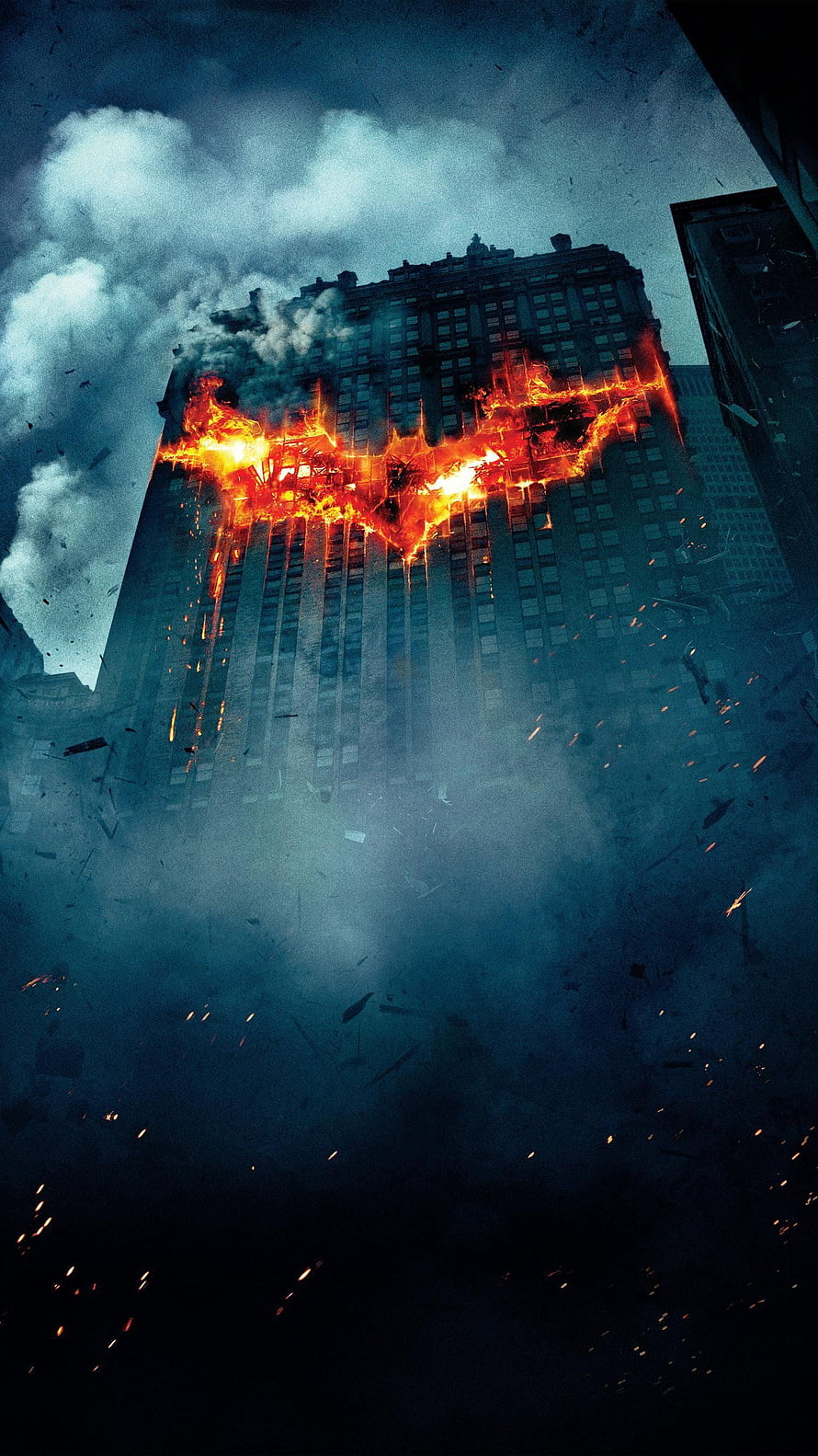 The Dark Knight Bat-Signal Burning on a Skyscraper Amidst Smoke and Debris HD phone wallpaper