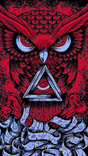Red Owl with All-Seeing Eye Triangle and Occult Symbols in Dark Illustration HD phone wallpaper