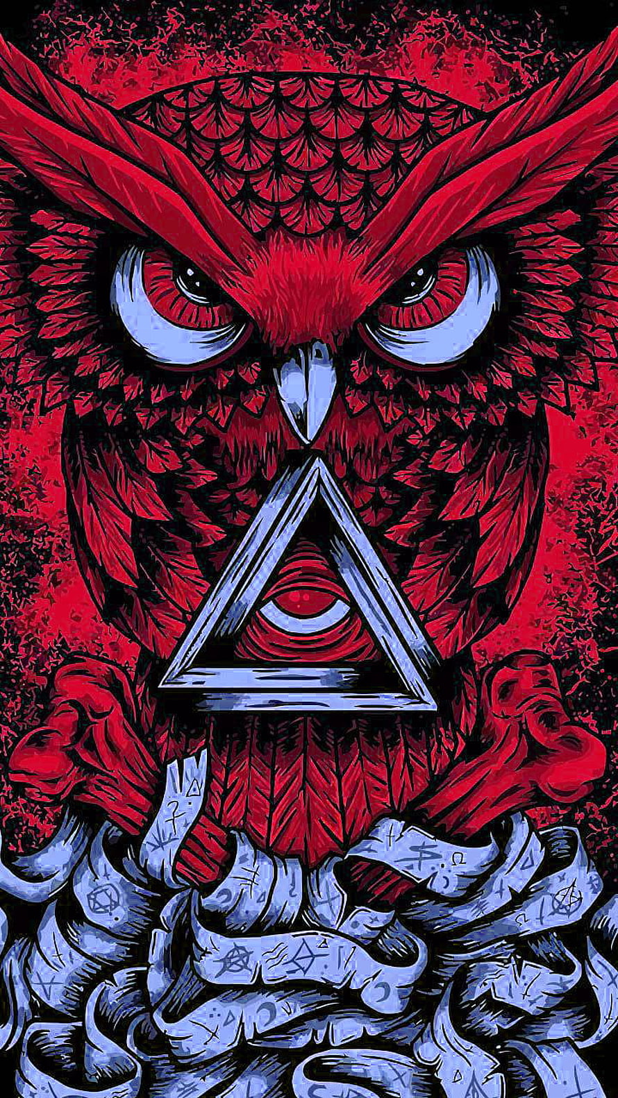 Red Owl with All-Seeing Eye Triangle and Occult Symbols in Dark Illustration HD phone wallpaper
