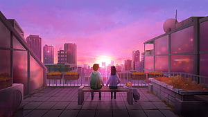 Two People Sitting on a Rooftop Bench Watching a Vibrant Pink City Sunset HD wallpaper