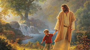 Jesus Walking with a Child in a Serene Forest Landscape with Waterfall HD wallpaper